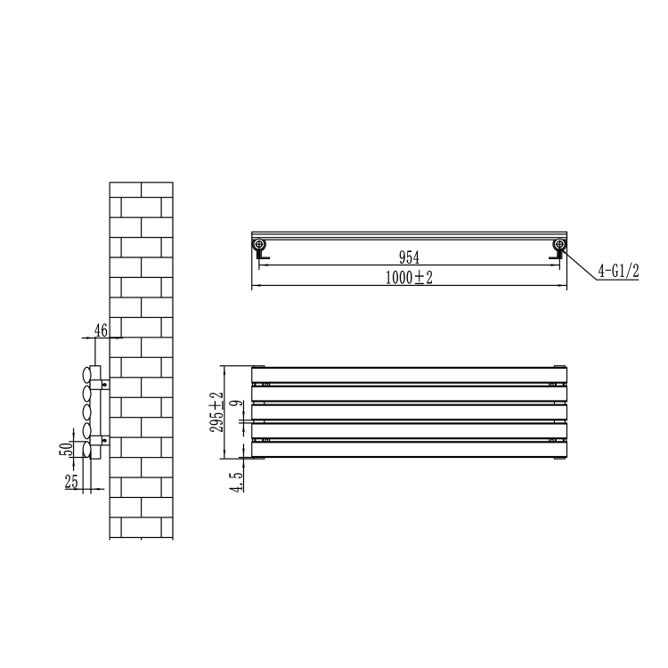 Sorrento Linea White Oval Designer Radiator 295x1000mm Single Panel 1212 BTU - Horizontal Bars