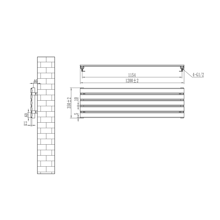 Riace Linea Dark Grey Anthracite Flat Designer Radiator 350x1200mm Single Panel 1601 BTU - Horizontal Bars