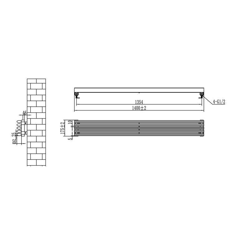 Ventura Midnight Black Oval Unique Designer Radiator 175x1400mm Single Panel 1348 BTU