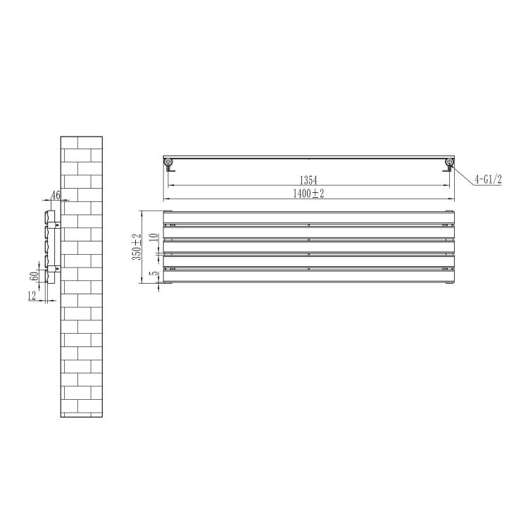 Riace Linea Dark Grey Anthracite Flat Designer Radiator 350x1400mm Single Panel 1850 BTU - Horizontal Bars