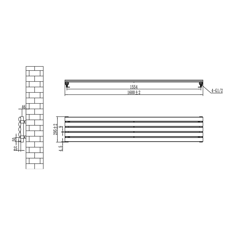 Sorrento Linea Midnight Black Oval Designer Radiator 295x1600mm Single Panel 1891 BTU - Horizontal Bars