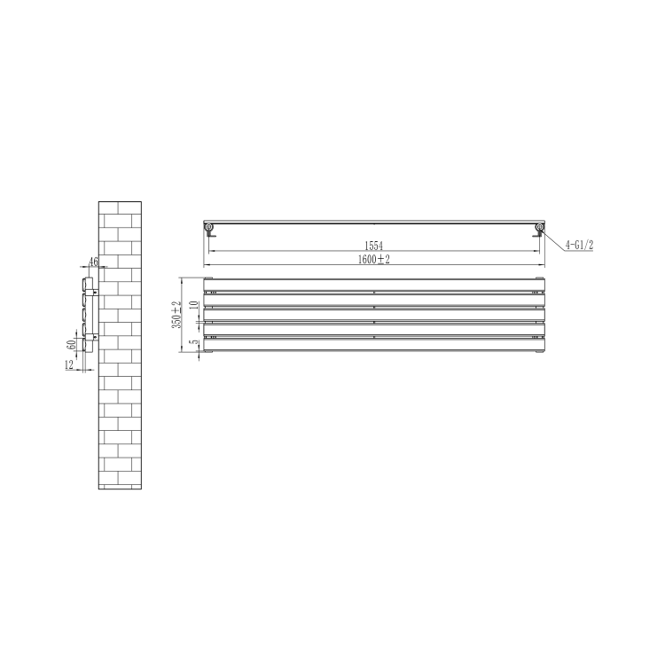 Riace Linea White Flat Designer Radiator 350x1600mm Single Panel 2109 BTU - Horizontal Bars