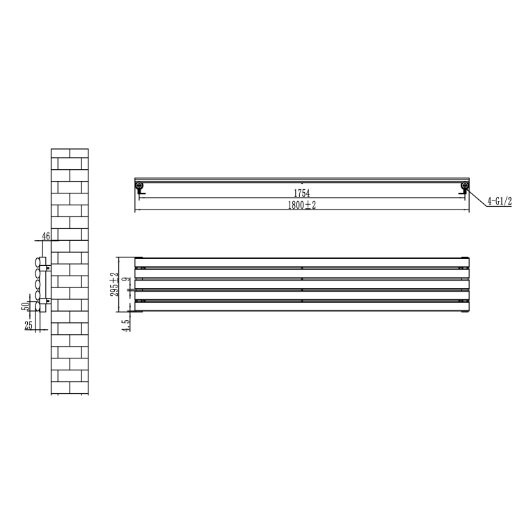 Sorrento Linea Midnight Black Oval Designer Radiator 295x1800mm Single Panel 2126 BTU - Horizontal Bars
