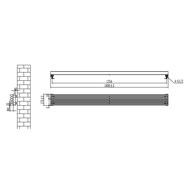 Ventura White Oval Unique Designer Radiator 175x1800mm Single Panel 1754 BTU