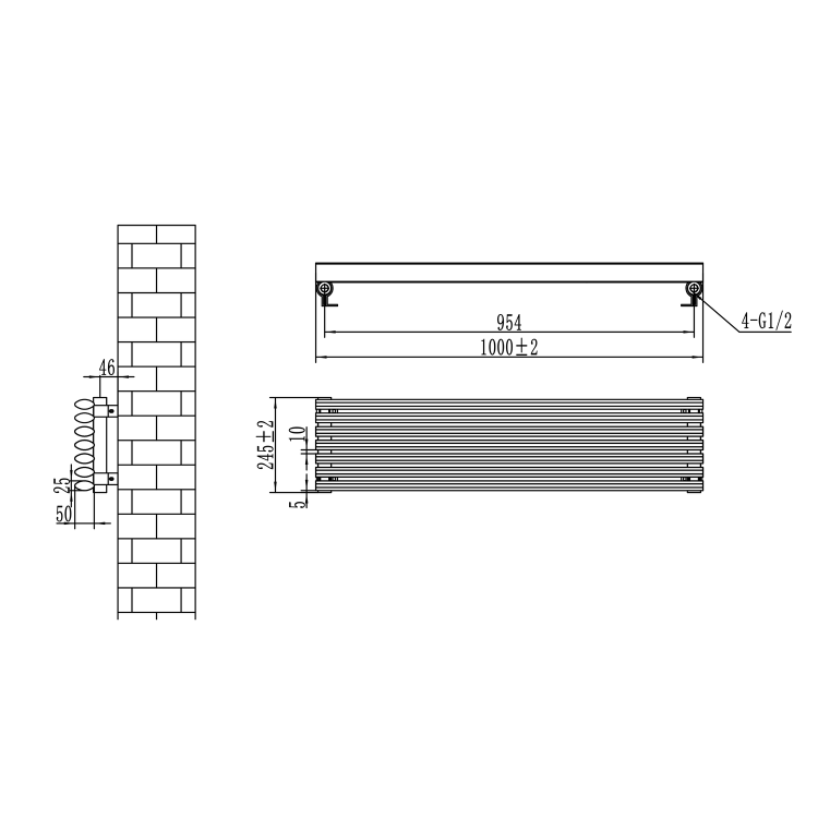 Ventura Midnight Black Oval Unique Designer Radiator 245x1000mm Single Panel 1242 BTU
