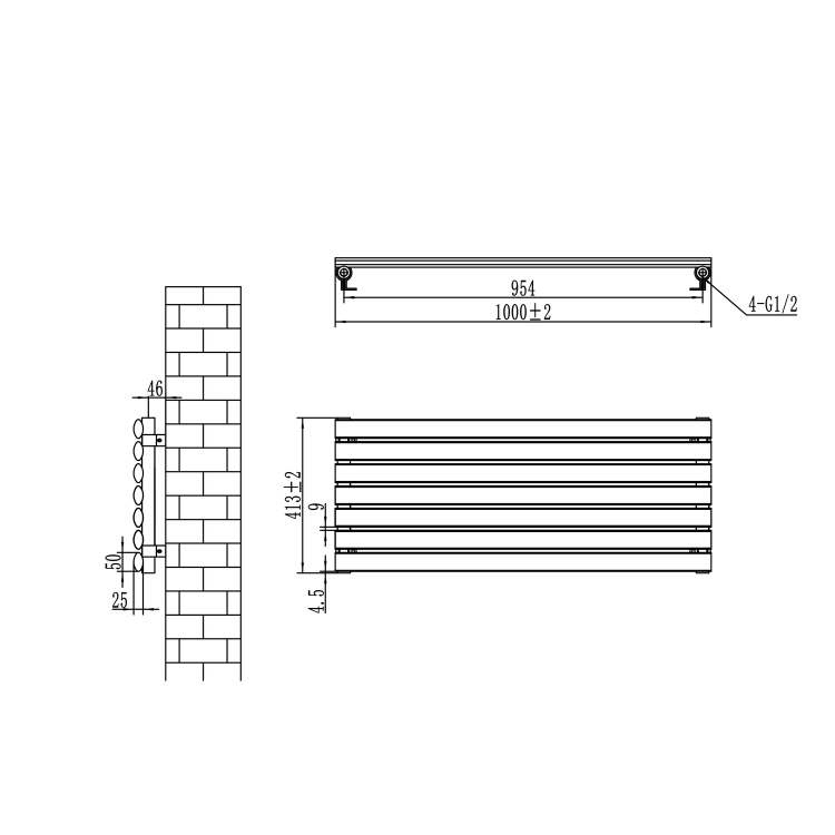 Sorrento Linea Midnight Black Oval Designer Radiator 413x1000mm Single Panel 1696 BTU - Horizontal Bars