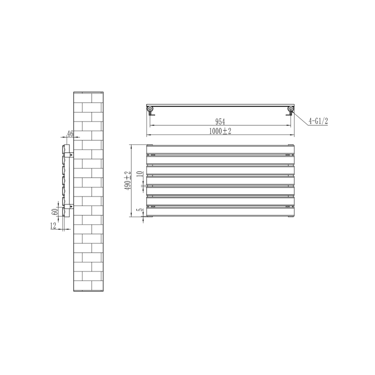 Riace Linea Dark Grey Anthracite Flat Designer Radiator 490x1000mm Single Panel 1891 BTU - Horizontal Bars