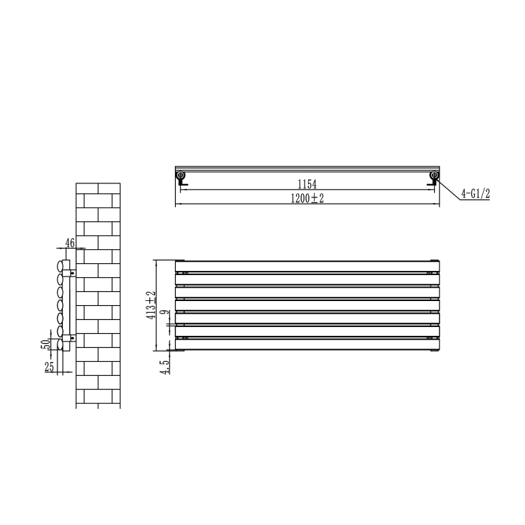 Sorrento Linea Midnight Black Oval Designer Radiator 413x1200mm Single Panel 2007 BTU - Horizontal Bars