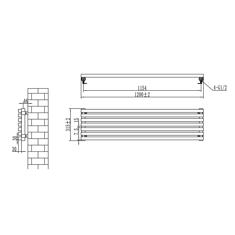 Ravello Midnight Black Square Designer Radiator 315x1200mm Single Panel 1771 BTU