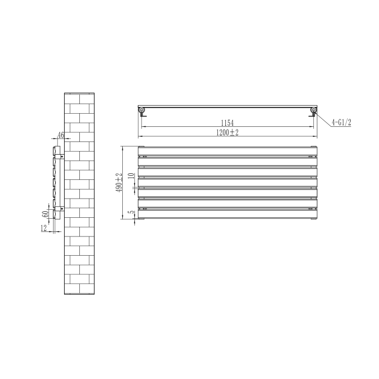 Riace Linea Dark Grey Anthracite Flat Designer Radiator 490x1200mm Single Panel 2239 BTU - Horizontal Bars