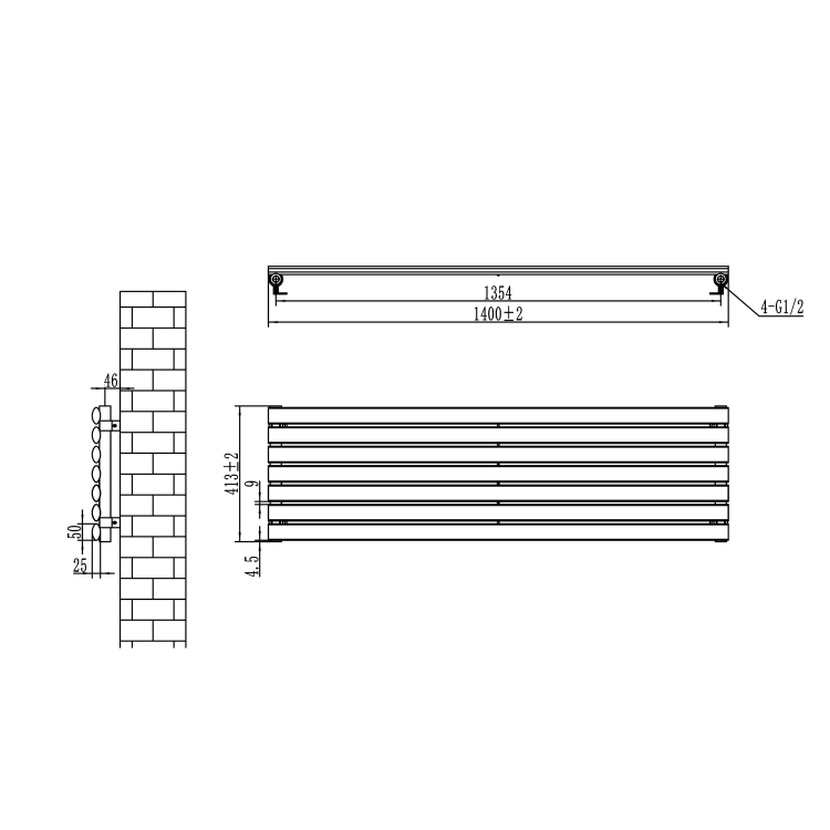 Sorrento Linea Midnight Black Oval Designer Radiator 413x1400mm Single Panel 2321 BTU - Horizontal Bars