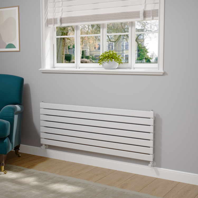 Riace Linea White Flat Designer Radiator 490x1400mm Single Panel 2590 BTU - Horizontal Bars