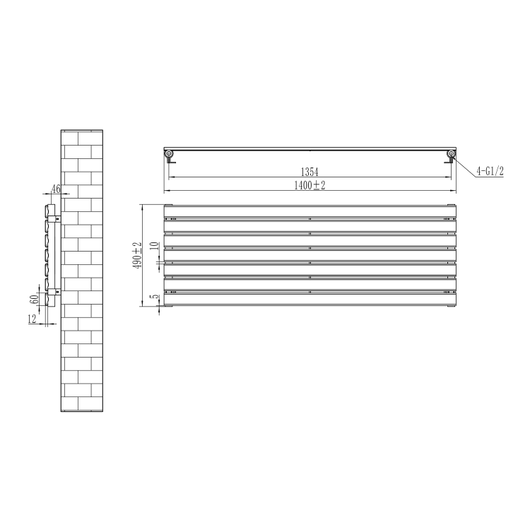 Riace Linea White Flat Designer Radiator 490x1400mm Single Panel 2590 BTU - Horizontal Bars