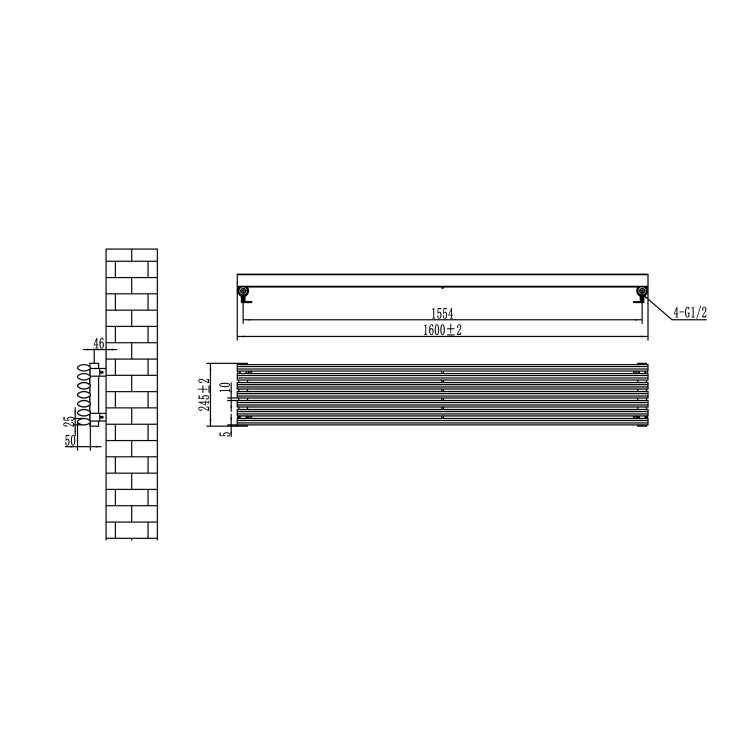 Ventura Midnight Black Oval Unique Designer Radiator 245x1600mm Single Panel 2171 BTU