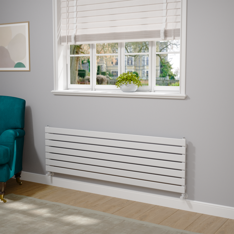 Riace Linea White Flat Designer Radiator 490x1600mm Single Panel 2952 BTU - Horizontal Bars