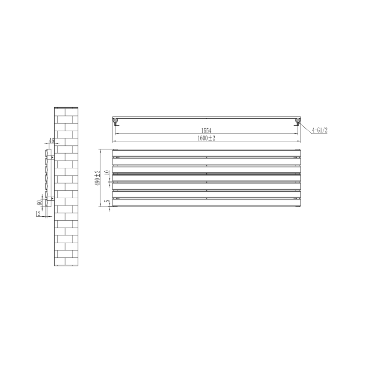 Riace Linea White Flat Designer Radiator 490x1600mm Single Panel 2952 BTU - Horizontal Bars