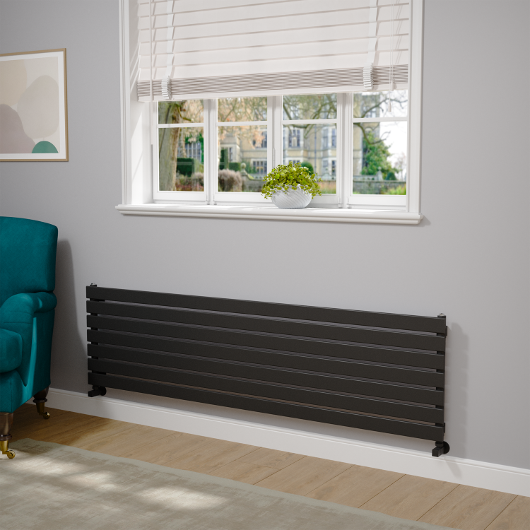 Riace Linea Midnight Black Flat Designer Radiator 490x1800mm Single Panel 3317 BTU - Horizontal Bars