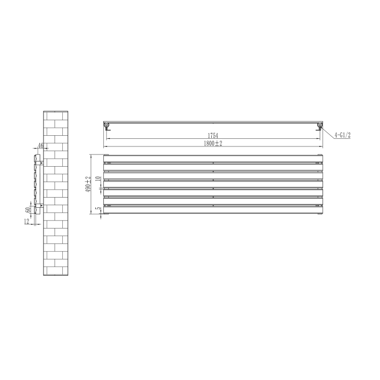 Riace Linea Midnight Black Flat Designer Radiator 490x1800mm Single Panel 3317 BTU - Horizontal Bars