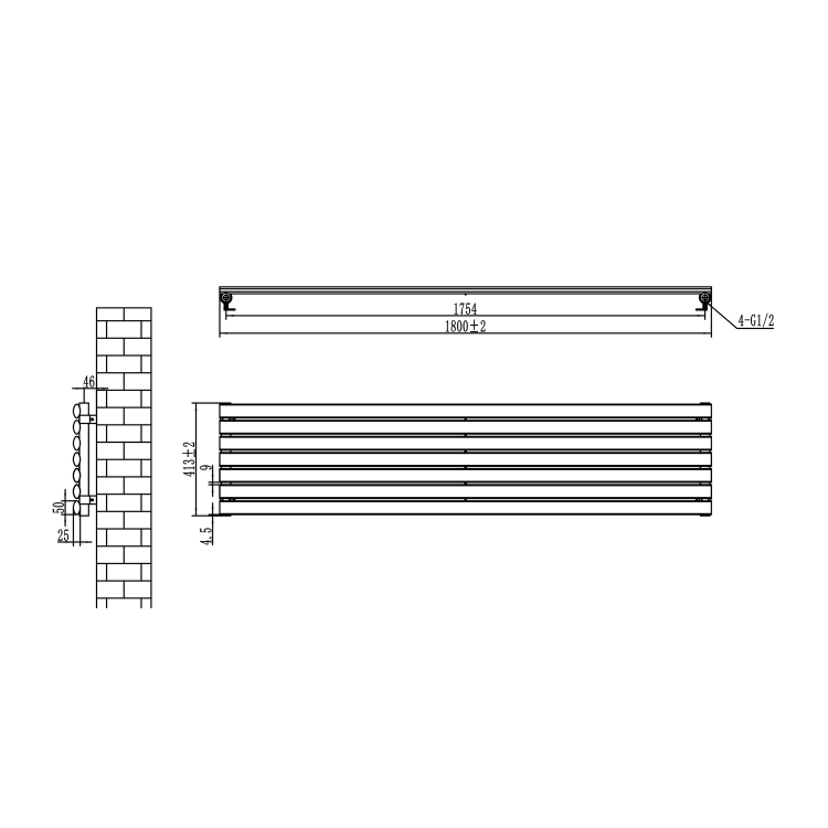 Sorrento Linea White Oval Designer Radiator 413x1800mm Single Panel 2980 BTU - Horizontal Bars