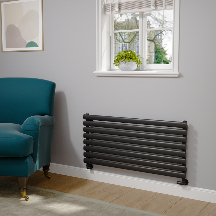 Sorrento Linea Midnight Black Oval Designer Radiator 472x1000mm Single Panel 1935 BTU - Horizontal Bars