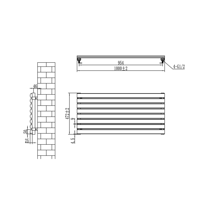 Sorrento Linea Midnight Black Oval Designer Radiator 472x1000mm Single Panel 1935 BTU - Horizontal Bars