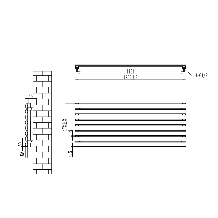 Sorrento Midnight Black Oval Designer Radiator 472x1200mm Single Panel 2294 BTU