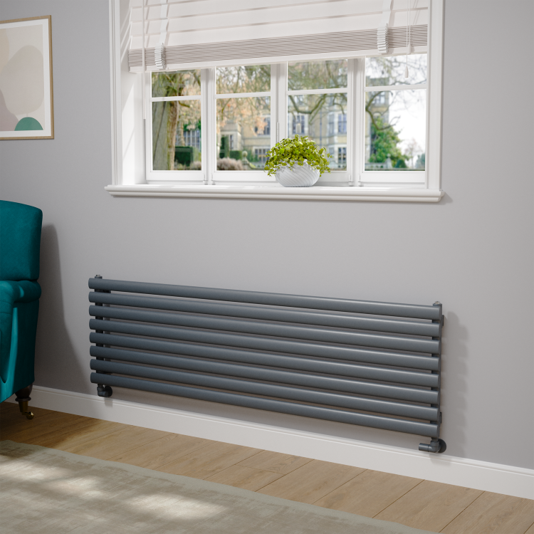 Sorrento Linea Dark Grey Anthracite Oval Designer Radiator 472x1600mm Single Panel 3024 BTU - Horizontal Bars