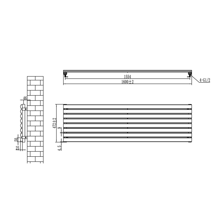 Sorrento Linea White Oval Designer Radiator 472x1600mm Single Panel 3024 BTU - Horizontal Bars