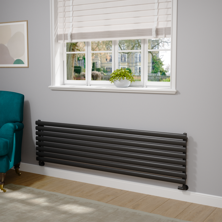 Sorrento Linea Midnight Black Oval Designer Radiator 472x1800mm Single Panel 3403 BTU - Horizontal Bars