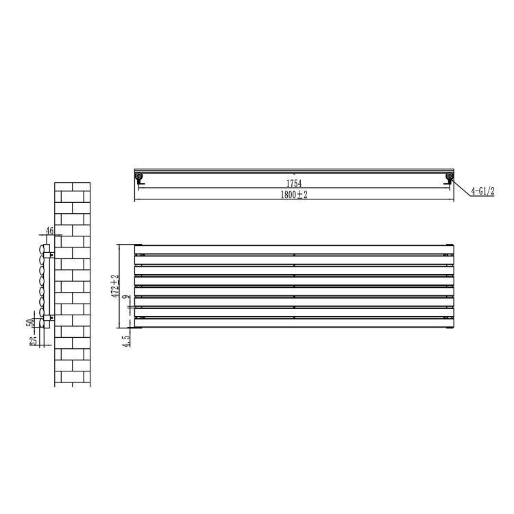 Sorrento Linea Midnight Black Oval Designer Radiator 472x1800mm Single Panel 3403 BTU - Horizontal Bars