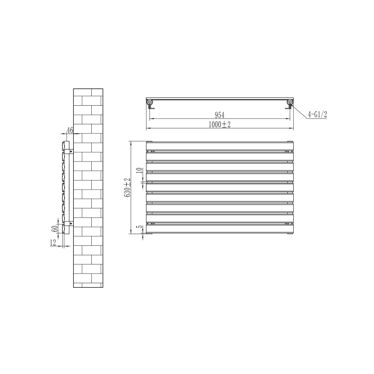 Riace Linea White Flat Designer Radiator 630x1000mm Single Panel 2433 BTU - Horizontal Bars