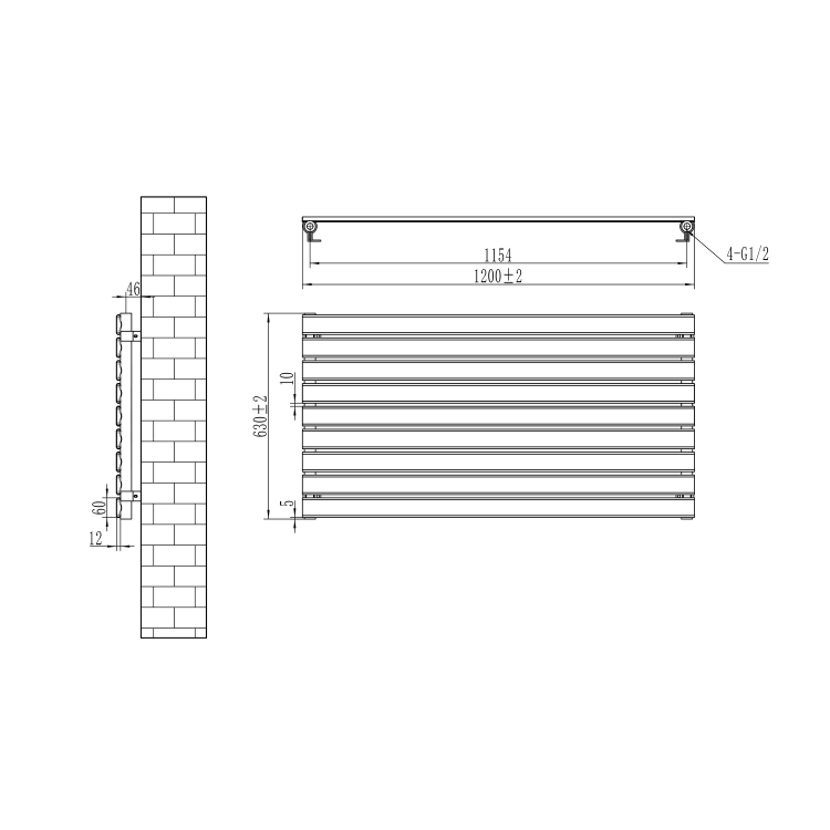 Riace Linea Dark Grey Anthracite Flat Designer Radiator 630x1200mm Single Panel 2881 BTU - Horizontal Bars