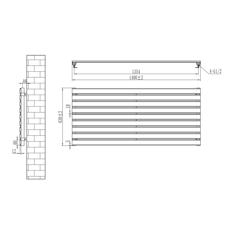 Riace Linea White Flat Designer Radiator 630x1400mm Single Panel 3331 BTU - Horizontal Bars