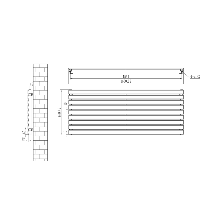Riace Linea White Flat Designer Radiator 630x1600mm Single Panel 3795 BTU - Horizontal Bars
