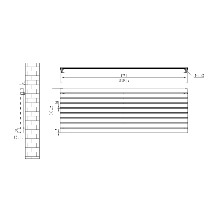 Riace Linea Midnight Black Flat Designer Radiator 630x1800mm Single Panel 4266 BTU - Horizontal Bars