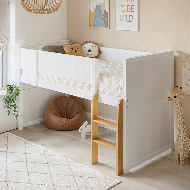 White Mid Sleeper Cabin Bed with Oak Ladder - Riley