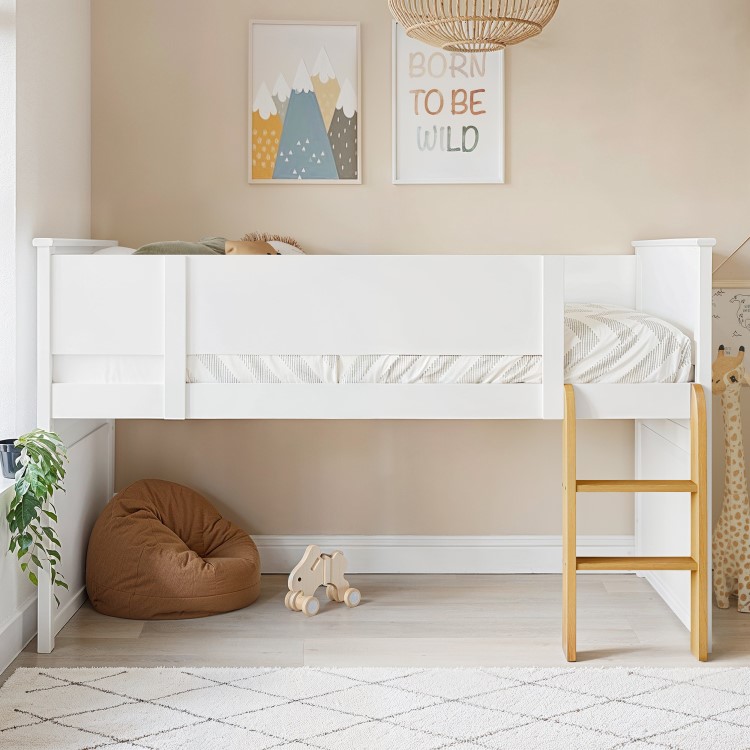 White Mid Sleeper Cabin Bed with Oak Ladder - Riley