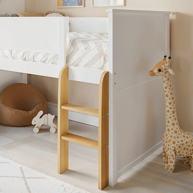 White Mid Sleeper Cabin Bed with Oak Ladder - Riley