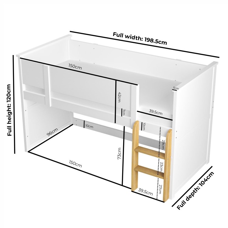 White Mid Sleeper Cabin Bed with Oak Ladder - Riley