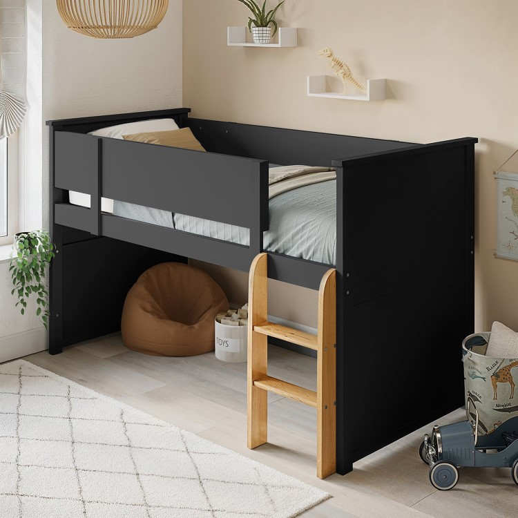 Dark Grey Mid Sleeper Cabin Bed with Oak Ladder - Riley