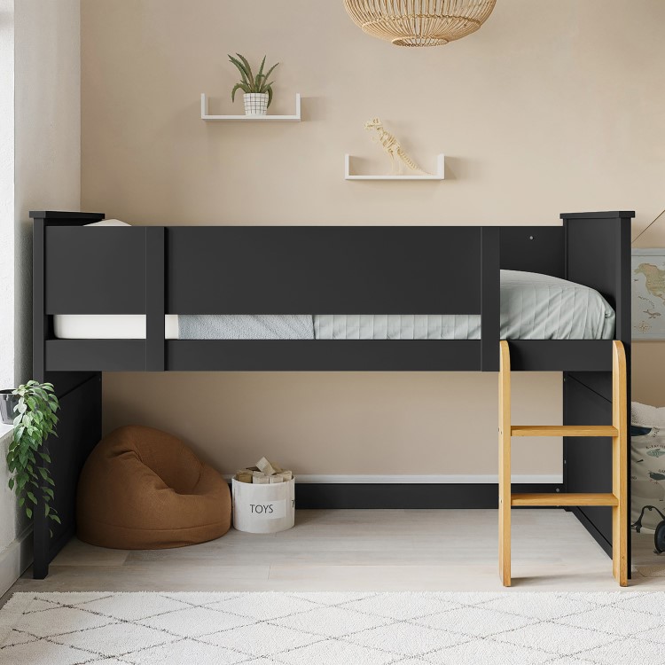 Dark Grey Mid Sleeper Cabin Bed with Oak Ladder - Riley