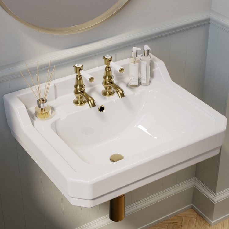 ONLY OPENED - White Wall Hung Basin with 2 Tap Holes 570mm - Ripley