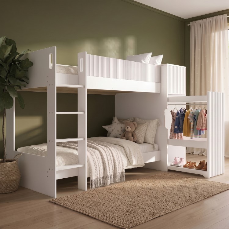 White Ribbed Bunk Bed with Storage and Wardrobe - Riya