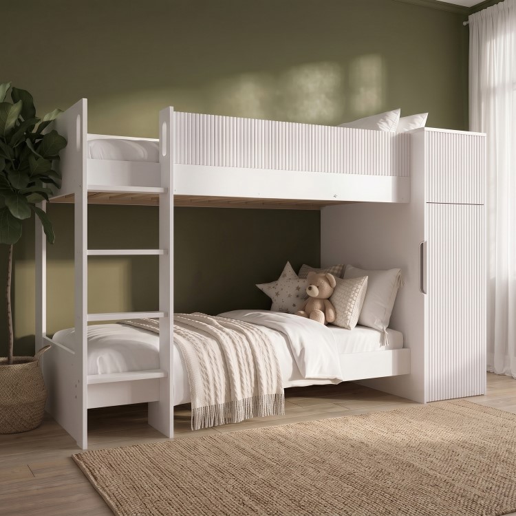 White Ribbed Bunk Bed with Storage and Wardrobe - Riya
