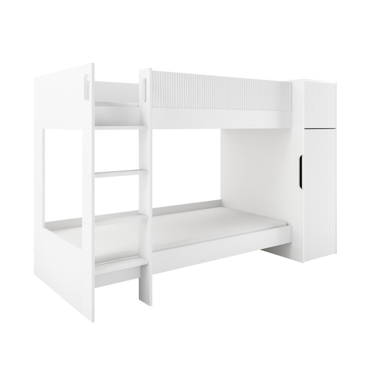 White Ribbed Bunk Bed with Storage and Wardrobe - Riya
