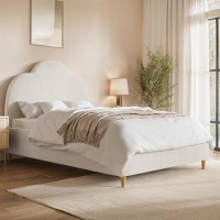 Off-White Boucle Small Double Ottoman Bed with Scalloped Headboard - Roma