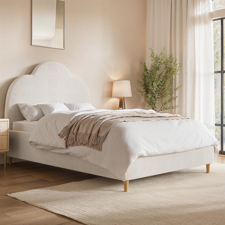 Off-White Boucle Small Double Ottoman Bed with Scalloped Headboard - Roma