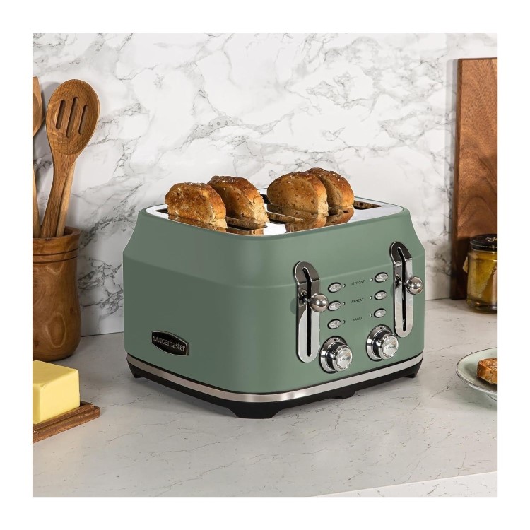Rangemaster RMCL4S304MG Classic 4-Slice Toaster – Stylish Matt Mineral Green Fast Toasting