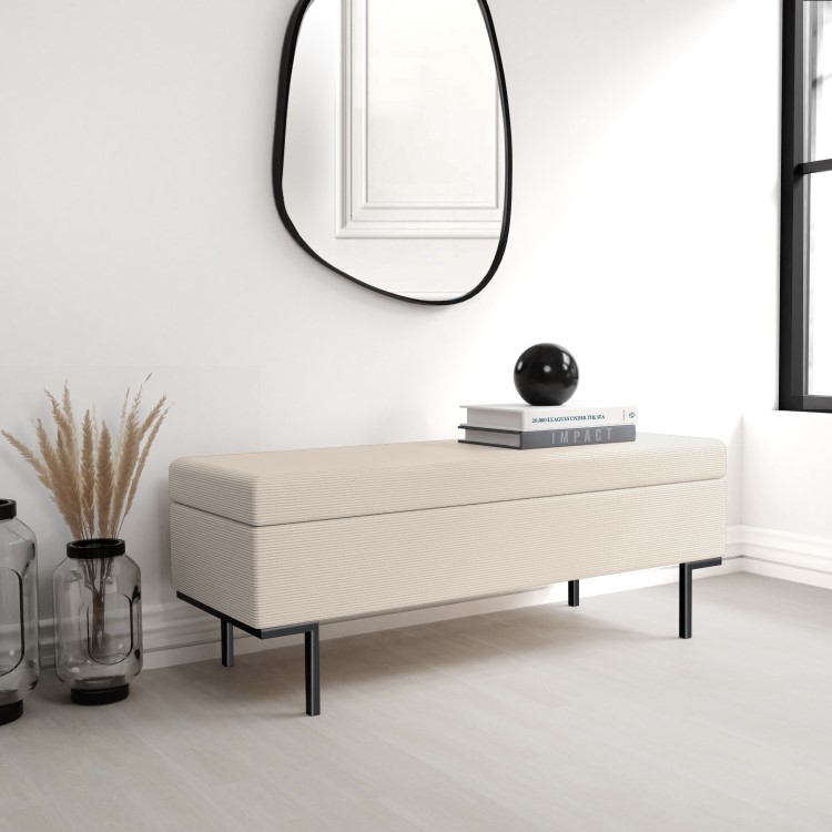 Beige Corduroy Ottoman Hallway Bench with Storage - Roman
