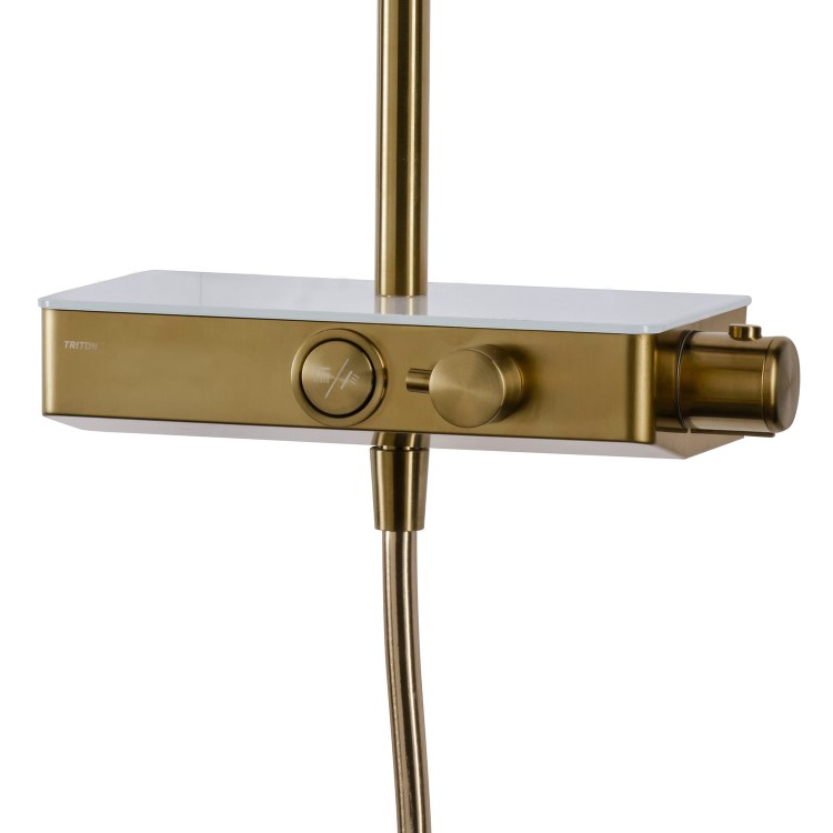 GRADE A1 - Triton Brushed Brass Push Button Thermostatic Mixer Bar Shower with Square Overhead & Handset